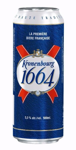 Kronenbourg 1664 blanc beer in blue 25cl and 33cl bottles and 500cl Cans